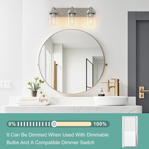 Brushed Nickel Bathroom Light Fixtures, 3 Lights Bathroom Lighting Fixtures Over Mirror, Square Design & Rectangle Large Backplate, Modern Vanity Lighting Fixtures, for Living Room/Bedroom