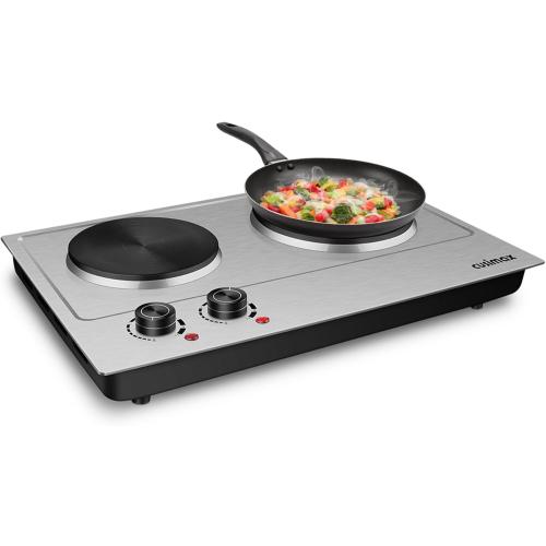 CUSIMAX 1800W Double Hot Plate, Stainless Steel Silver Countertop Burner Portable Electric Double Burners Electric Cast Iron Hot Plates Cooktop, Easy to Clean, Upgraded Version C180N