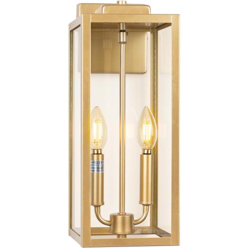 Gold 2-Light Large Outdoor Wall Lighting 16, Candle Light Square Outdoor Light Fixture IP65 Waterproof with Clear Tempered Glass Porch & Patio Light Brass Exterior Wall Sconce Lantern E12