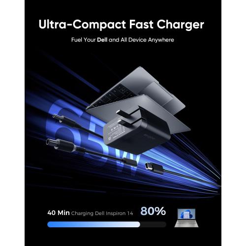 65W Dell Charger for Laptop, Dell Computer Charger USB-C for XPS, Inspiron, Latitude and Vostro Models, Power Cord 4.5 * 3.0 mm and 7.5 * 3.0 mm Compatible with Both 65W 45W (Foldable AC Plug)