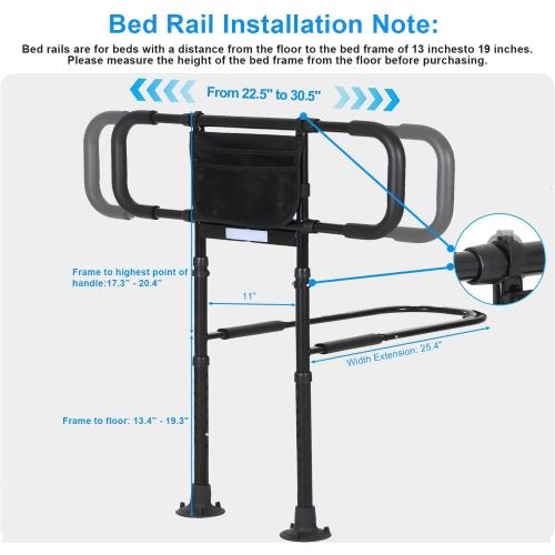 Bed Rails for Elderly Adults Safety - Elderly Assistance Products, Bedrails for Rlderly Adults Grab Bar Bed Handrails, Bed Rail with Pocket, Motion Sensor Light Fits King, Queen, Full, Twin (Black)