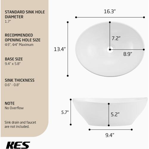 KES Bathroom Vessel Sink, Bowl Sink White Vessel Sink Oval Bathroom Sink 16 x 13 Countertop Modern Egg Shape Above Counter Bathroom Vanity Sinks Bowl, BVS124