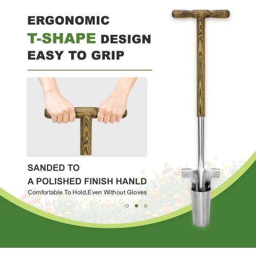 Long Handled Bulb Planter Tool, 37'' Bend-Proof Stainless Steel Bulb Planter, 4'' Depth Marks Long Handled Hole Digger, Bulb Planter with Comfortable T-Shaped Long Wood Handle for Planting Tulips