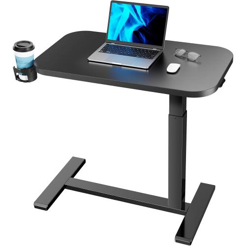HUANUO 32Inch Bedside Table with Wheels, Height-Adjustable Rolling Computer Cart, Overbed Table with Cup Holder, Pneumatic Laptop Standing Desk for Home Office, Black