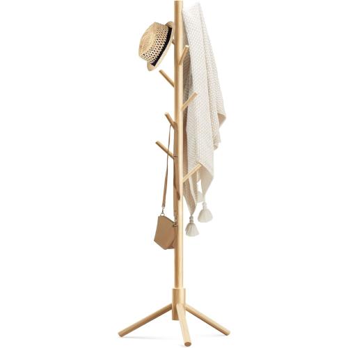 Haddockway Wooden Coat Rack Stand with 8 Hooks New Zealand Pine 3 Adjustable Coat Standing Tree Easy Assembly for Coats, Hats, Scarves and Handbags for Entryway, Hallway, Bedroom, Office