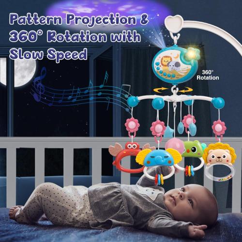 Mini Tudou Crib Mobile with Music and Lights,Baby Mobile for Crib with Hanging Rotating Rattle Toy,Star Projection,400 Lullabies and Timing Function,Remote Control Baby Crib Mobile for Boys Girls
