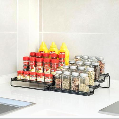 2 Pack Spice Rack Organizer for Cabinet, 4 Tier Expandable Seasoning Organizer Shelf, Spice Holder with Protection Railing, Metal, Black