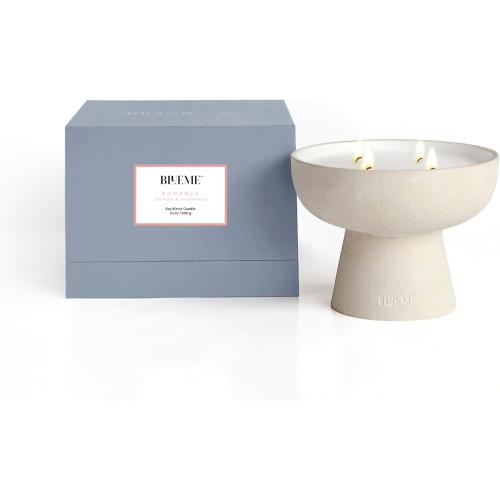 Blueme Romance Candle | Oakmoss & Sandalwood | 4 Wick - Refillable Wellness Candle with Essential Oils, Hand Finished & Poured Soy Wax Blend Ceramic Vessel, Natural Cotton Wicks | Large 24 oz
