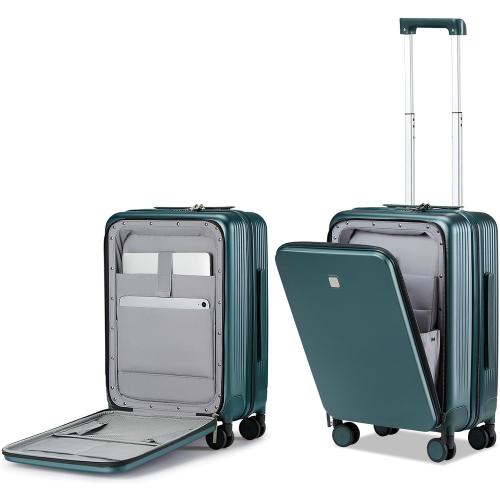 Hanke Grace Carry On Luggage with Wheels Airline Approved Hard Shell Suitcases with Front Pocket，Top Opening Luggage with TSA Lock for Short Business Travel，Blackish Green.