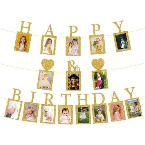 Happy 18th Birthday Photo Banner 18 Year Old Party Decorations, Eighteen Birthday Picture Frame Banner 18th Photo Frame Party Supplies Bunting Decor, Gold