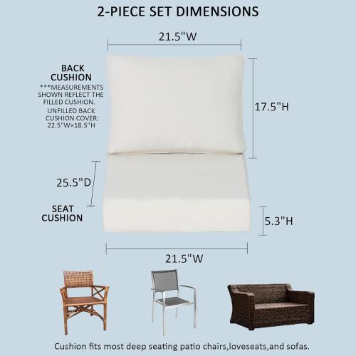 21.5x25.5 Inch Outdoor Deep Seat Cushions Set of 2,Thick High-Density Foam, Water-Resistant, Piped Edges & YKK Hidden Zipper for Patio Furniture,Almond
