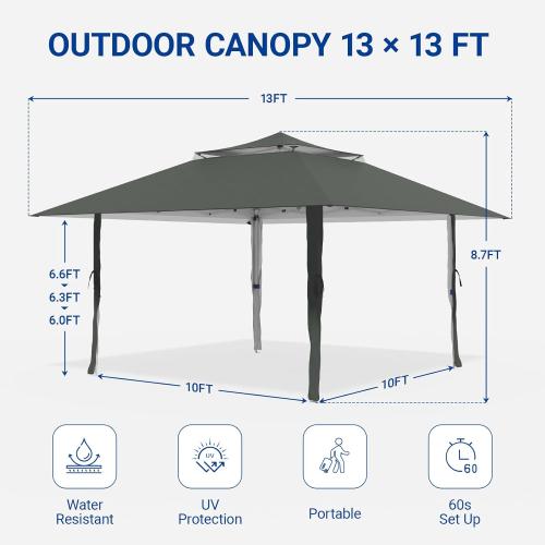 Size 13x13 FT Color Grey  Pop Up Canopy, Instant Setup Gazebo with Wheeled Carry Bag, 4 Sandbags & 4 Ropes, UV-Resistant Top, Heavy Duty Outdoor Shelter for Backyard Camping Events, Grey