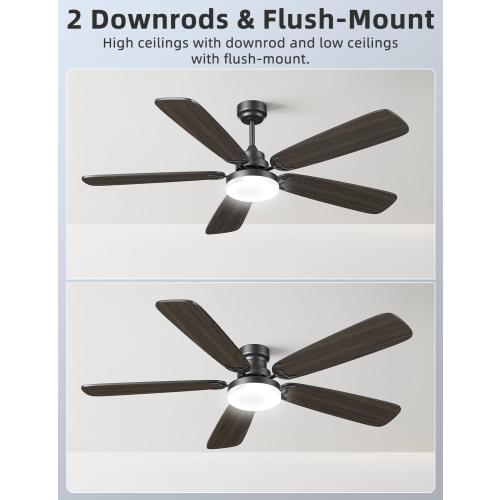 Size 52 Ceiling Fans with Lights and Remote, 52 Inch Modern Ceiling Fan with Light, Downrod & Flush Mount, Quiet DC Motor, Dual Finish 5 Blades Ceiling Fan for Bedroom Living Room Farmhouse Indoor