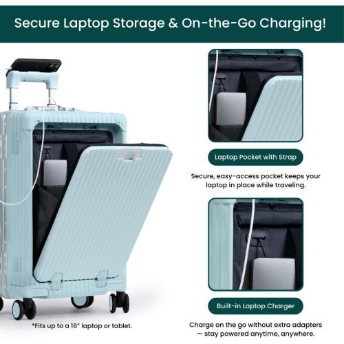 Nobl Travel Carry On Luggage, Noble Zipperless Aluminum Frame PC Hard Shell Suitcase, 23.5x15.5x10 Airline Approved, 360° Spinner Wheels, TSA Locks, USB Charging Port, Cup & Phone Holder - Baby Blue