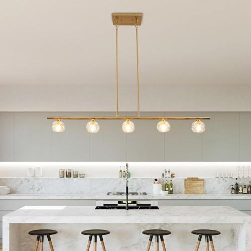 TANIN Kitchen Island Lighting Fixture, Dining Room Over Table 5 Lights Chandeliers, Height Adjustable Gold Crystal Shade Chandelier Farmhouse Pendant for Lighting Foyer Hallway Living Room -47.6