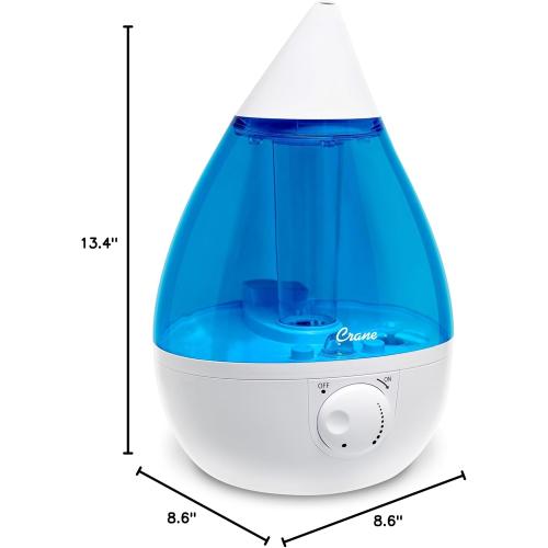 Crane Ultrasonic Cool Mist Teardrop Humidifier for Baby Nursery, Bedroom, Office, Large Room, Adjustable Humidity, Auto Shut-Off, Easy Clean Blue & White 1 Gallon