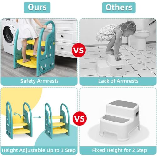 Toddler Step Stool Chair Onasti Kids 3 Step Standing Tower for Toddlers Plastic Learning Helper Stool for Kitchen Counter Bathroom Sink Toilet Potty Training with Handles and Non-Slip Pads-Green