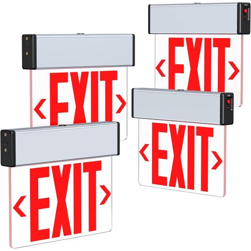 Red LED Edge Lit Exit Sign UL Listed, Brushed Aluminum Housing Single Sided Clear Acrylic Emergency Exit Signs with Battery Backup, AC 120-347V Hardwired Exit Lights, Top/Side/Wall Mount (4 Pack)
