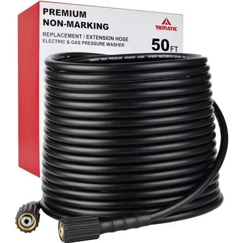 YAMATIC Pressure Washer Hose 50FT 1/4 ID, Standard (2) M22 Brass Fittings, 3200 PSI Kink-Resistant Replacement for Ryobi, Troy Bilt, Greenworks, CRAFTSMAN M22 Threads Power Washers