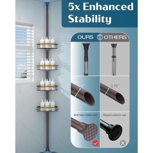 SEIRIONE Rustproof Shower Corner Caddy Organizer for Bathroom,Tension Pole with 4 Baskets, for Bathtub Storage Rack, 34 to 116 Inch Height, Bronze
