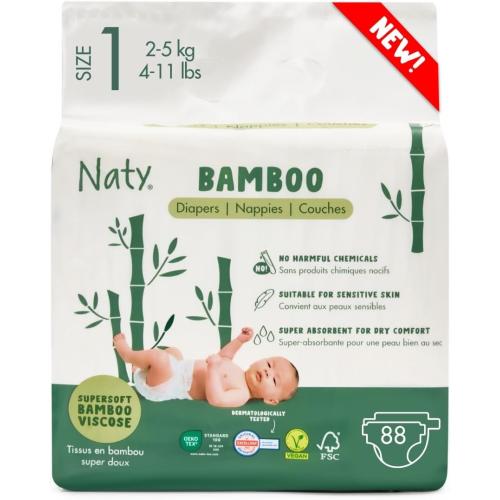 Naty Bamboo Viscose Baby Diapers – Silky Soft, Plant Based, Dermatologically Tested for Sensitive Skin & Super Absorbent (Size 1, 88 Count)