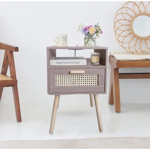Nightstand with Charging Station, Rattan Side Table Small Wood End Table for Living Room, Bedroom, Mid Century Modern Nightstand, Easy Assembly (Natural) (Set to of 2)