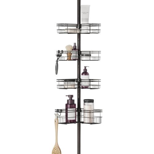 Zenna Home Tension Pole Shower Caddy Corner Organizer, Adjustable Standing Shower Caddy with 4 L-shaped Baskets and Hooks, Rust Resistant Bathroom Tension Rod Organizer, 60 to 97 Inch, Bronze