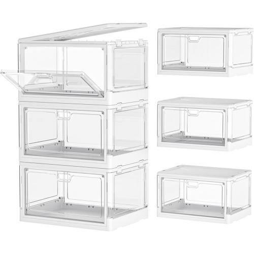 Clear Storage Bin with Lid 3 Pack 【Stackable & Sturdy】 Plastic Multifunctional Folding Storage Bins for Bedroom, Living Room, Study,Room, 23 QT Folding Box with Magnetic Door