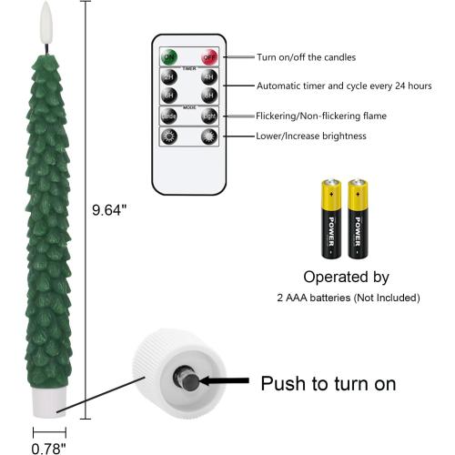 DRomance Christmas Tree Flameless Taper Candles Battery Operated with 10-Key Remote and Cycle Timer 4 Pack Real Wax 3D Wick Flickering LED Candlesticks Holiday Decor(Green, 0.79 x 9.9 Inch)