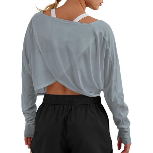 Size M... Womens Long Sleeve Workout Tops Athletic Shirts Cropped Crossover Back Loose Running Gym Tee with Thumb Holes