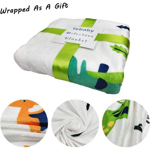 White And Dinosaur Print Baby Monthly Milestone Blanket Boy - Dinosaur Neutral Newborn Month Blanket for Boy & Girl Personalized Shower Gift Soft Plush Fleece Photography Background Prop