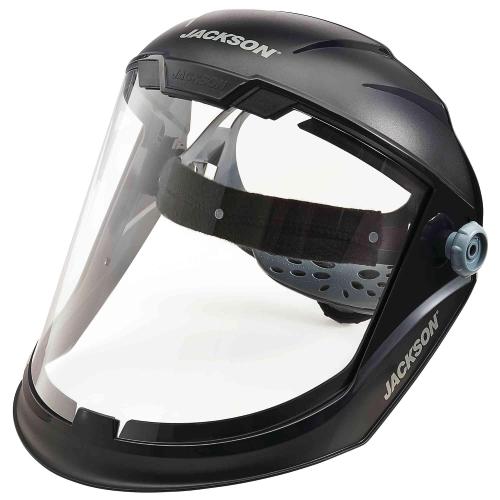 Black Jackson Safety Lightweight MAXVIEW Premium Face Shield - Mask with 370 Speed Dial Ratcheting Headgear, ANSI Z87.1, for Work, Grinding, Cutting - Anti Fog Coating - Clear Tint