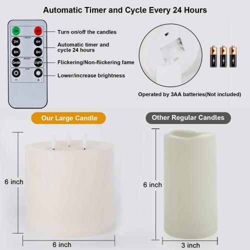 Amagic 6x6 Extra Large Flameless Candles with 3 Wicks, Battery Operated Candles with Remote Control and Timers, 6 inch Diameter LED Pillar Candles, Real Wax, Ivory
