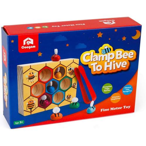 Coogam Toddler Fine Motor Skill Toy, Clamp Bee to Hive Matching Game, Montessori Wooden Color Sorting Puzzle, Early Learning Preschool Educational Gift Toy for 3 4 5 Years Old Kids