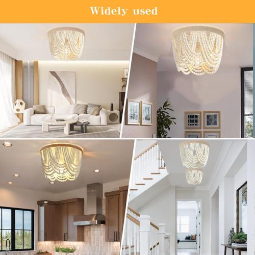 Boho Wood Beaded Chandelier, Flush Mount Ceiling Light,Farmhouse Rustic Jute Wooden Bead Chandeliers Fixture for Drawing Room，Bedroom,Hallway, Entryway,Dining Room(3-Light)