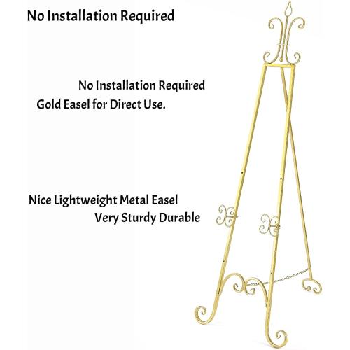 20L x 26.75W x 56.5H Large Easel Stand for Display, Adjustable Heigh Metal Gold Easel Stand with Chain Support, Heavy Duty Easel for Mirror, Sign, Wedding, Picture Frame. (No Installation Required)