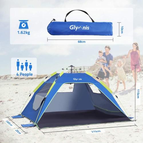 Glymnis Pop Up Beach Tent Sun Shade Shelter for 3-4 Person with UPF 50 , Lightweight & Easy Setup, Vent Windows & Zippered Door, Extended Floor Family Instant Beach Tent