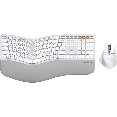 ProtoArc EKM01 Plus Wireless Ergonomic Keyboard Mouse Combo - White Silver | Full-size Split Keyboard with Cushioned Wrist Rest, Ergonomic Mouse, 3-Device Bluetooth/2.4G, USB-C Rechargeable