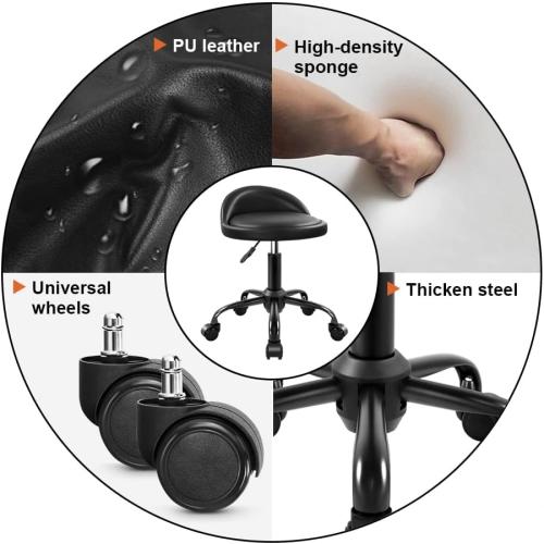 KKTONER Rolling Stool with BackRest Height Adjustable Round Chair with Wheels Swivel Drafting Work PU Leather stools Small (Black)