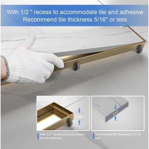 24-Inch Linear Shower Drain with Tile Insert Grate, SUS 304 Stainless Steel Linear Drain, Brushed Gold Long Rectangle Shower Floor Drain with Leveling Feet, Hair Strainer, Fits Bathroom