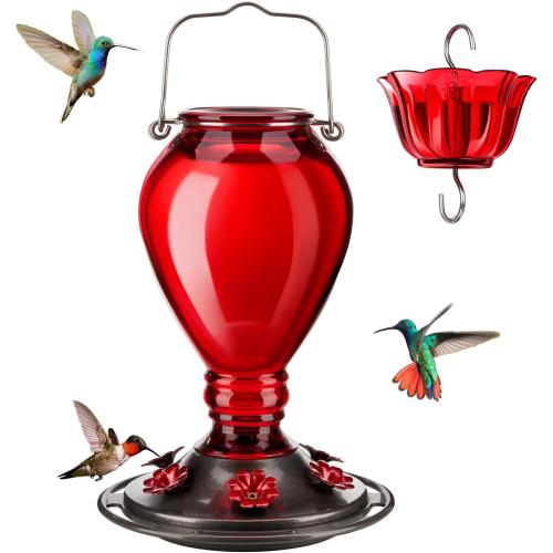 Kingsyard Glass Hummingbird Feeder - 6 Bee Guard Feeding Ports & Ant Moat, 24 oz Leak Proof, Wild Bird Feeder for Outdoors Hanging, Easy to Clean & Refill, Garden Yard Décor, Red