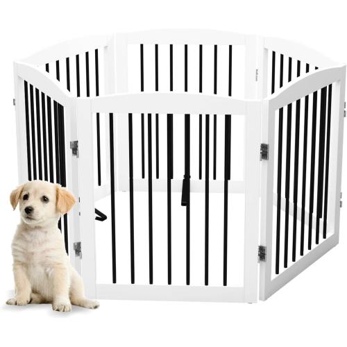 Freestanding Pet Gate for Dogs, Foldable Wooden Dog Gate for House, Extra Wide Indoor Pet Barrier for Stair, Doorway, Hall, Support Feet Included, 120 Inch Wide, 6 Panels 24, White
