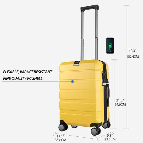 Yellow KROSER Hardside Expandable Carry On Luggage with Spinner Wheels & Built-in TSA Lock, Durable Suitcase Rolling Luggage with USB Port, Carry-On 20-Inch Yellow
