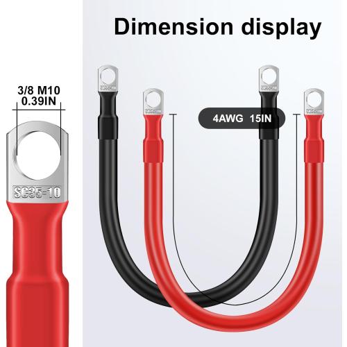 4AWG 15-Inch Battery Cables Set, (1 Positive & 1 Negtive) with 3/8 M10 Lug Terminals, Power cord inverter jumper cables, Battery Cable for Car, Truck, Solar, Marine, Lawn Mower, RV