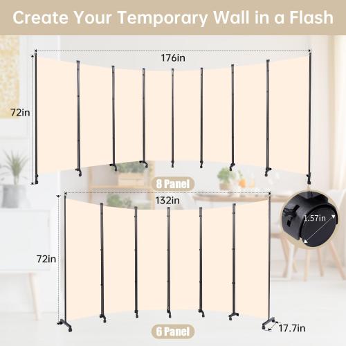 Room Divider 8 Panel Room Dividers/Wheels, Fabric Room Divider Panel for Office Room Partitions and Dividers, Portable Partition Wall Divider for Room Separation, Freestanding Privacy Screen Indoor