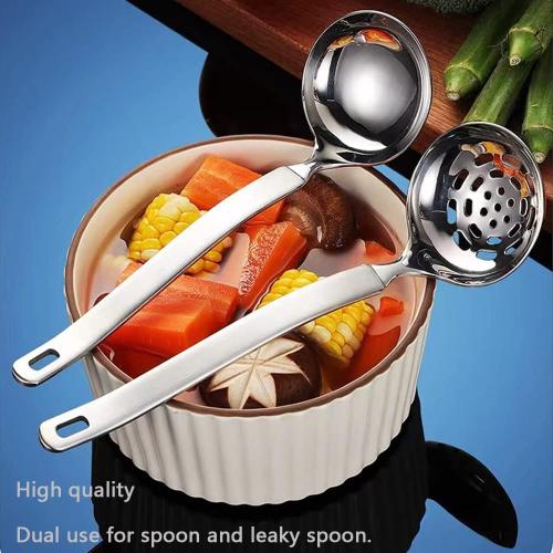 Small Soup Ladle Metal SUS304 Stainless Steel Ladles Spoon And Slotted Colander Spoon Set Soup Ladle With Holes Strainer Scoop Ladles For Serving Gravy Hot Pot Or Restaurant,2 Piece Set