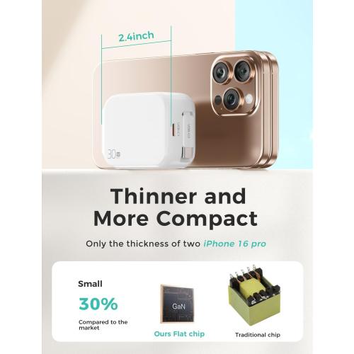 2-in-1 Retractable Wall Charger Plug with USB C Port and 27in/70cm Type C Cable,Travel Essentials 30W Fast Charging Foldable Block for iPhone 17/16/15,iPad,Galaxy,Pixel-White
