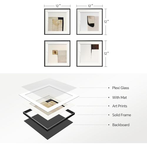 4 Piece Framed Neutral Abstract Wall Art Set, Tan and Black Geometric Modern Pictures Prints, Minimalist Luxury Paintings Artwork for Bedroom, Bathroom, Hallway and Living Room 12x12 Inch