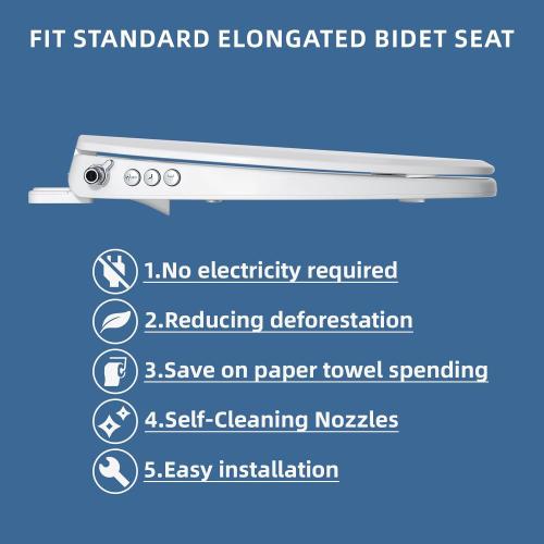 Clirass Bidet Toilet Seat, Soft Close Elongated Toilet Seat, Button control Feminine/Posterior Wash Switch, Knob Control Water Pressure,White Bidet Seat Attachment with Brass inlet