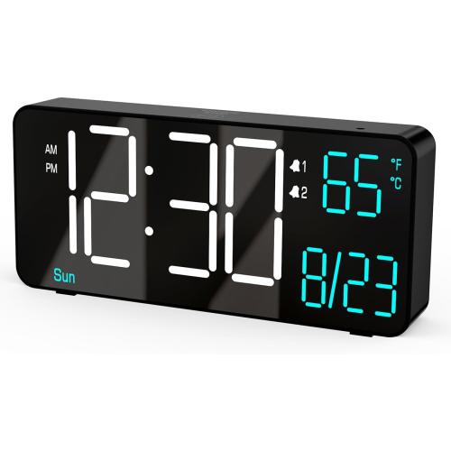 KOSUMOSU Alarm Clocks for Living Room, 6.7in Small Digital Clock for Bedroom, Auto Dimming,Date,Day of Week,Seconds or Indoor Temperature,Digital Alarm Clocks for Bedrooms,LED Desk Clock